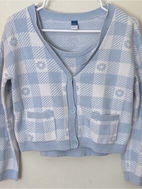 NWOT Old Navy Light Blue & White Checkered Cropped Cardigan Sweater & Tank.